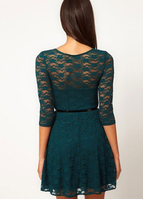 Green Collarless Half Sleeve Lace Dress